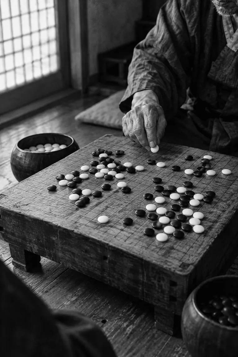 Weathered baduk board mid-game, one of the oldest strategy games