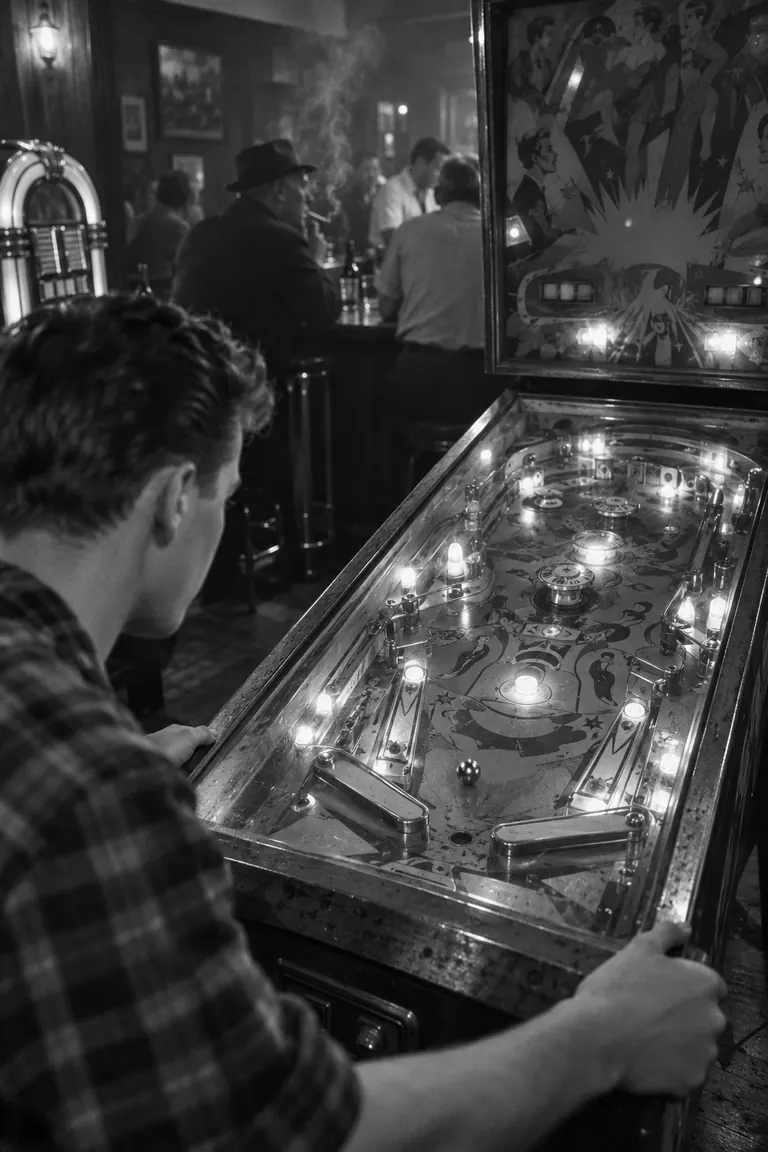 Player leaning over a glowing electro-mechanical pinball machine in a dim bar