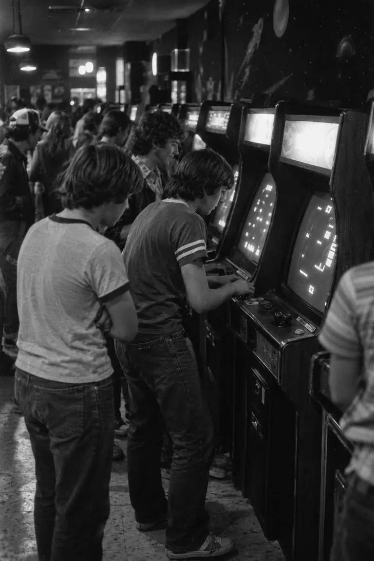 Teenagers crowding a row of upright arcade cabinets
