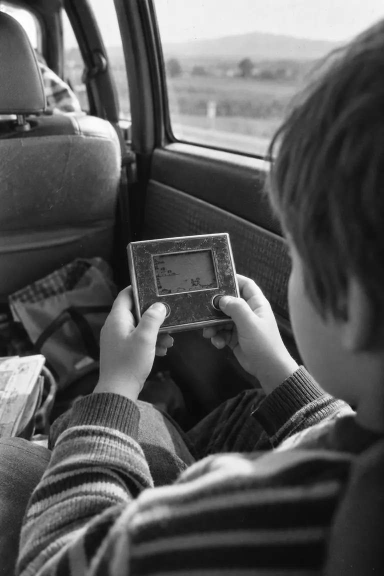 Child playing a handheld LCD game in the back seat on a road trip