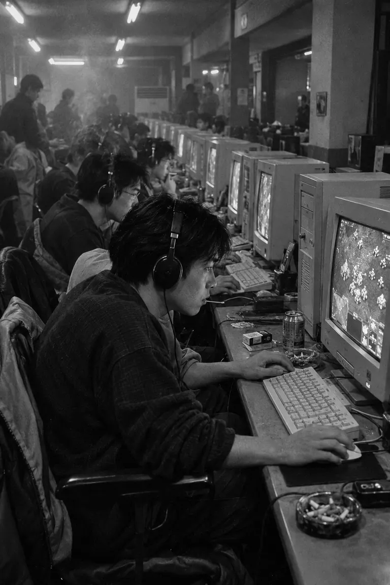 Players in headsets competing at a late-1990s PC bang