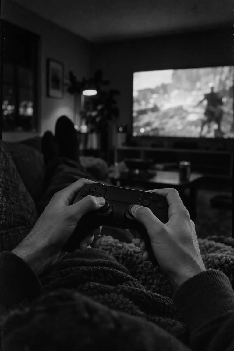 Hands gripping a modern wireless controller at night