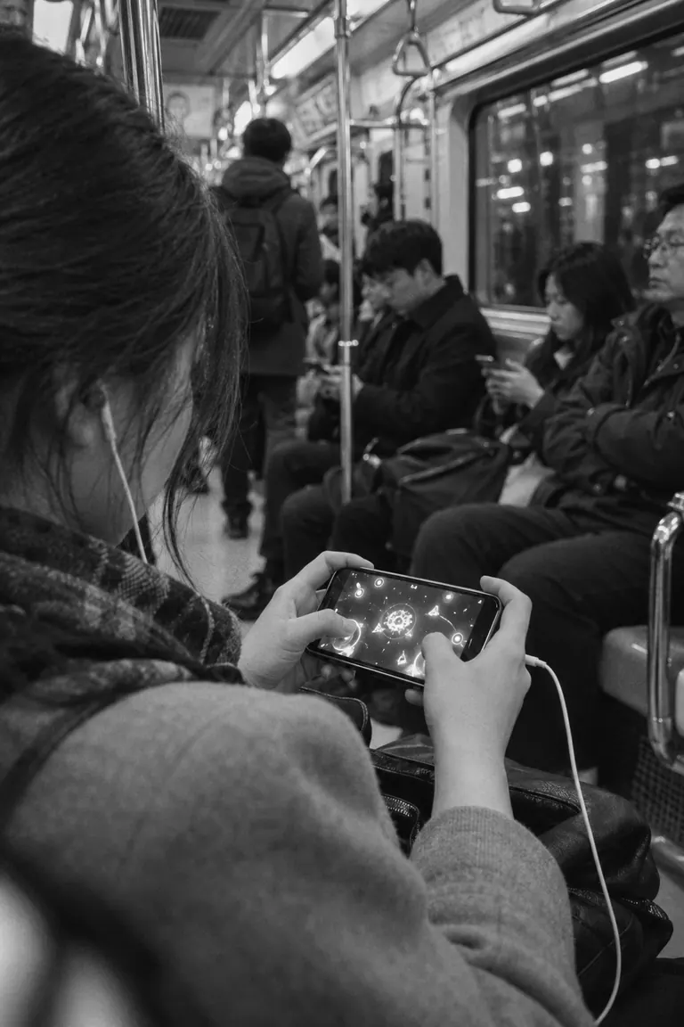 Commuter playing a mobile game on a subway train