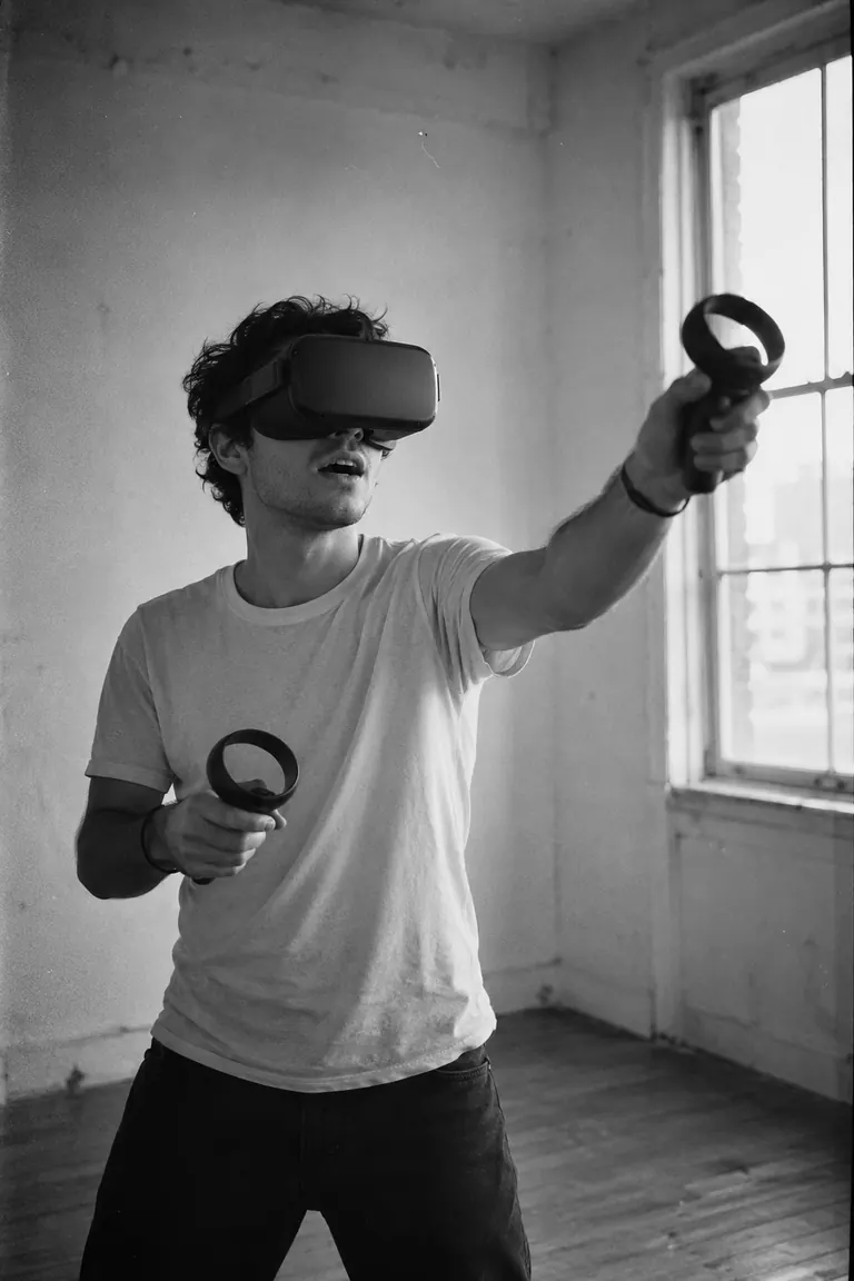 Player in a VR headset reaching into a virtual world